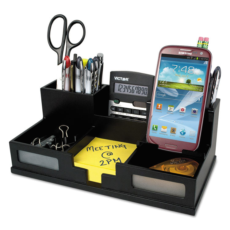 Midnight Black Desk Organizer with Smartphone Holder, 6 Compartments, Wood, 10.5 x 5.5 x 4 2