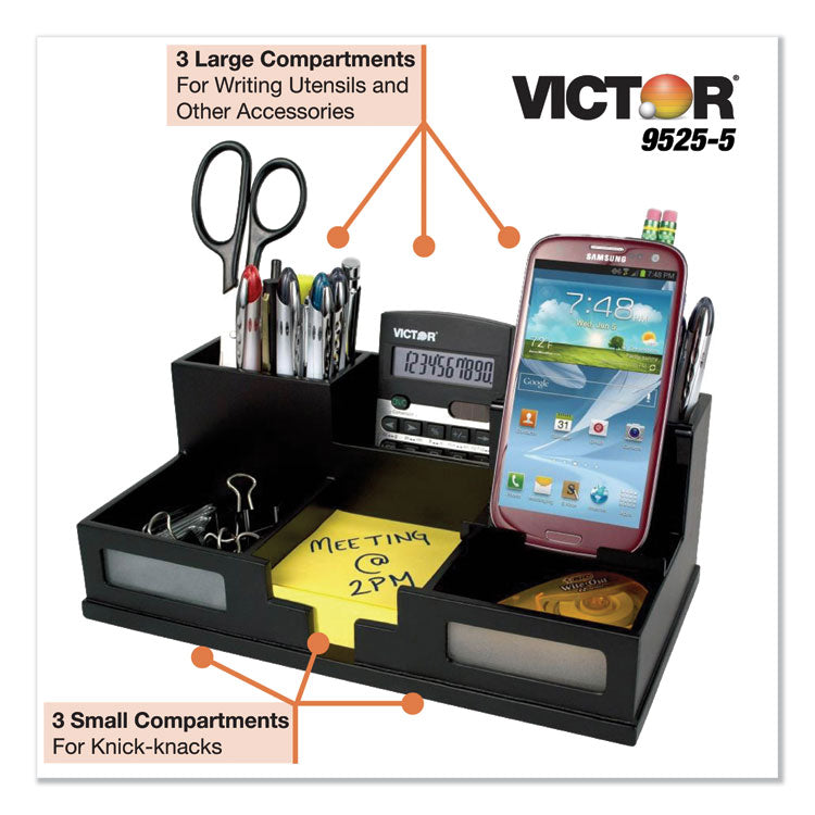 Midnight Black Desk Organizer with Smartphone Holder, 6 Compartments, Wood, 10.5 x 5.5 x 4 3