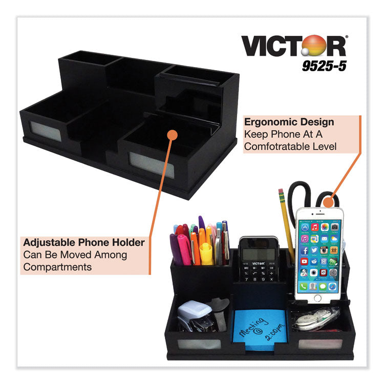 Midnight Black Desk Organizer with Smartphone Holder, 6 Compartments, Wood, 10.5 x 5.5 x 4 4