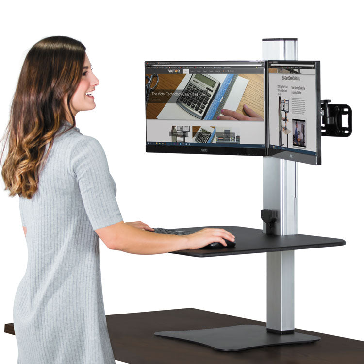 High Rise Electric Dual Monitor Standing Desk Workstation, 28" X 23" X 20.25", Black/aluminum 1