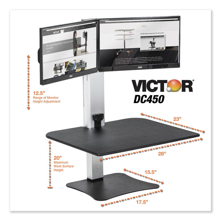 High Rise Electric Dual Monitor Standing Desk Workstation, 28" X 23" X 20.25", Black/aluminum 4