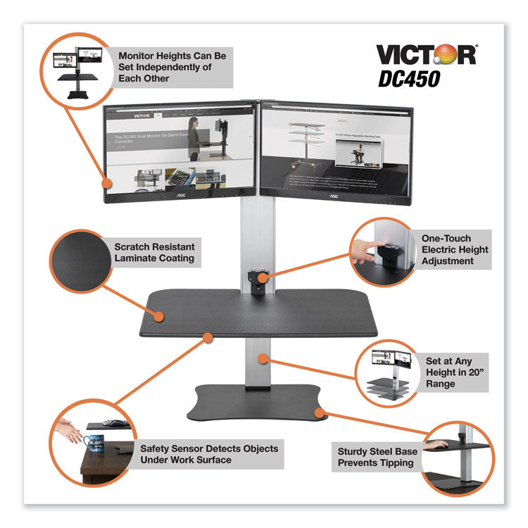 High Rise Electric Dual Monitor Standing Desk Workstation, 28" X 23" X 20.25", Black/aluminum 3