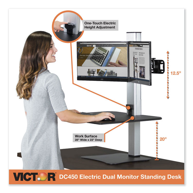 High Rise Electric Dual Monitor Standing Desk Workstation, 28" X 23" X 20.25", Black/aluminum 2