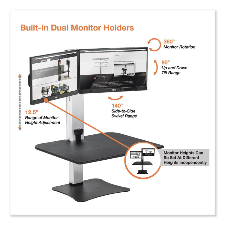 High Rise Electric Dual Monitor Standing Desk Workstation, 28" X 23" X 20.25", Black/aluminum 5