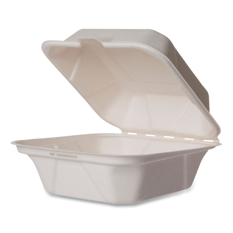 White Molded Fiber Clamshell Containers, 5.9 x 5.9 x 2.9, White, Sugarcane, 400/Carton 1