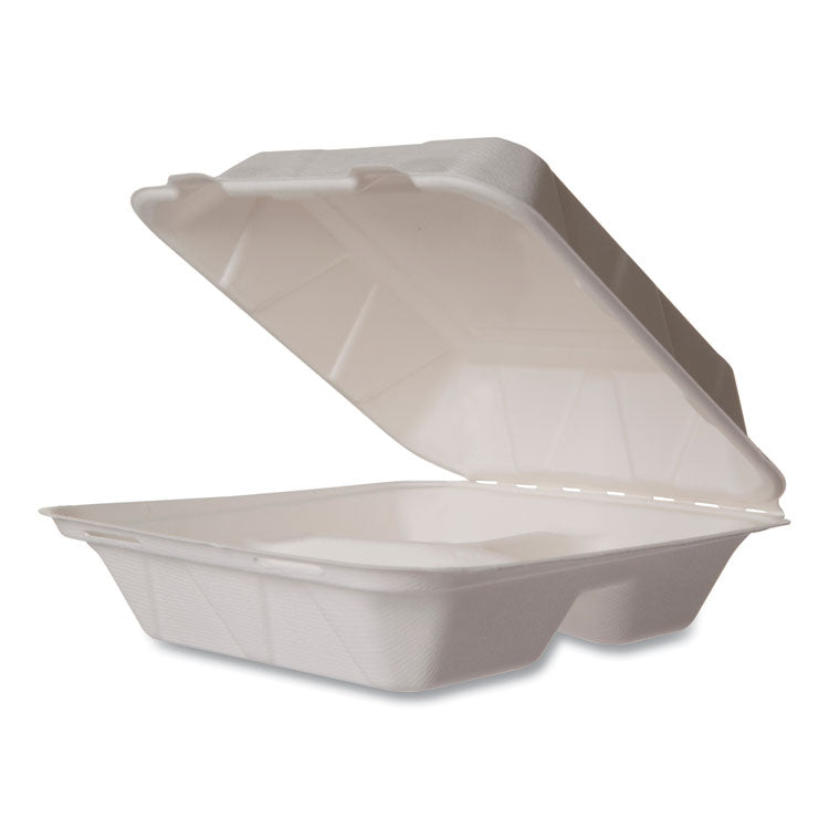 White Molded Fiber Clamshell Containers, 3-Compartment, 7.9 x 7.9 x 2.9, White, Sugarcane, 200/Carton 1