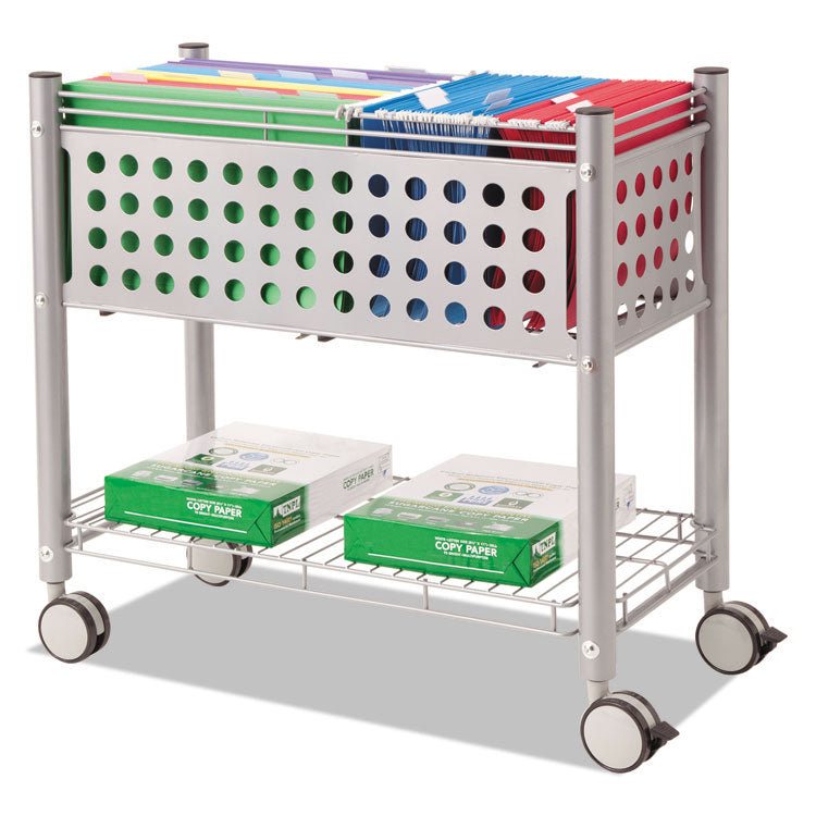 File Cart with Open Top, Metal, 1 Shelf, 2 Bins, 28.25" x 13.75" x 27.38", Matte Gray 2