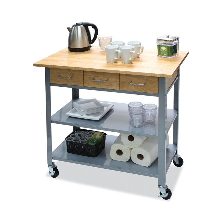 Countertop Serving Cart, Wood, 3 Shelves, 3 Drawers, 35.5" x 19.75" x 34.25", Oak/Gray 2