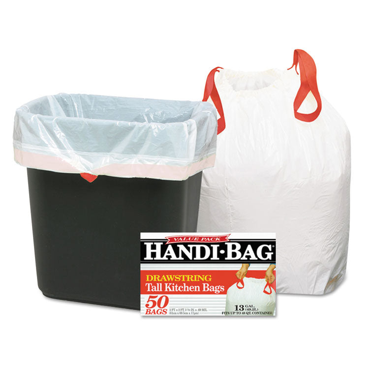 Drawstring Kitchen Bags, 13 gal, 0.6 mil, 24" x 27.4", White, 50 Bags/Box, 6 Boxes/Carton 1