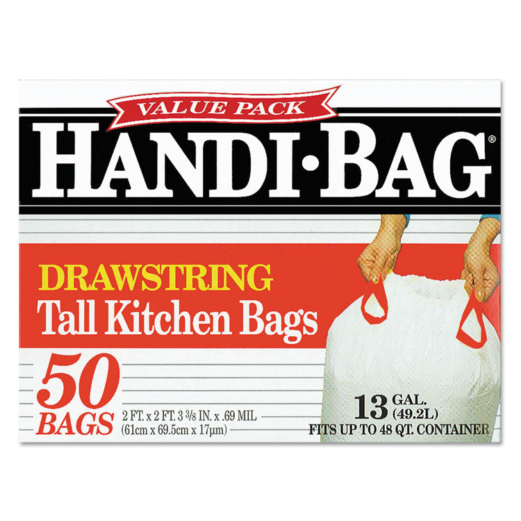 Drawstring Kitchen Bags, 13 gal, 0.6 mil, 24" x 27.4", White, 50 Bags/Box, 6 Boxes/Carton 2