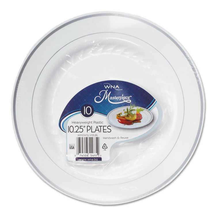 Masterpiece Plastic Plates, 10.25" Dia, White With Silver Accents, Round, 10/pack, 12 Packs/carton 1