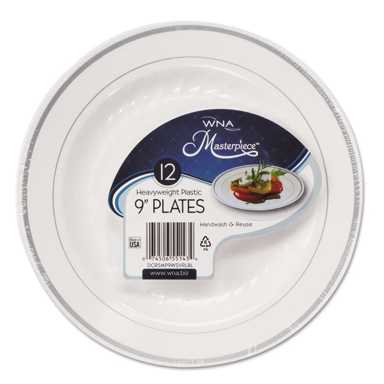 Masterpiece Plastic Dinnerware, 9" Dia, White/silver, 10/pack 1