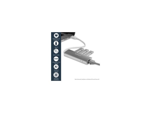 StarTech.com ST3300G3UA 3 Port Portable USB 3.0 Hub plus Gigabit Ethernet - Built-In Cable - Aluminum USB Hub with GbE Adapter - Compact USB 3 Hub - Image 3