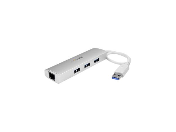 StarTech.com ST3300G3UA 3 Port Portable USB 3.0 Hub plus Gigabit Ethernet - Built-In Cable - Aluminum USB Hub with GbE Adapter - Compact USB 3 Hub