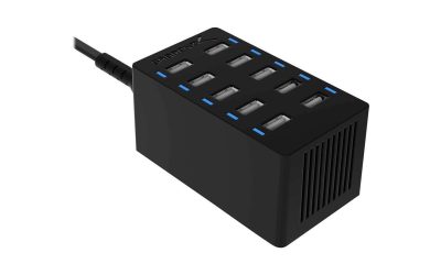 SABRENT 60 Watt (12 Amp) 10 Port [UL Certified] Family Sized Desktop USB Rapid Charger. Smart USB Ports with Auto Detect Technology [Black] (AX-TPCS)