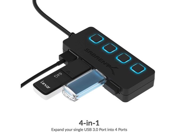 SABRENT 4-Port USB 3.0 Hub with Individual LED Lit Power Switches, Includes 5V/2.5A Power Adapter (HB-UMP3) - Image 3