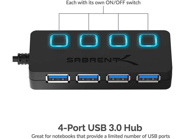 SABRENT 4-Port USB 3.0 Hub with Individual LED Lit Power Switches, Includes 5V/2.5A Power Adapter (HB-UMP3) - Image 2