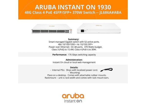 Aruba Instant On 1930 48-Port Gb Ethernet 48xGE PoE (370W), 4X 1G/10G SFP+, L2+ Smart Switch US Cord (JL686B#ABA) - Image 3