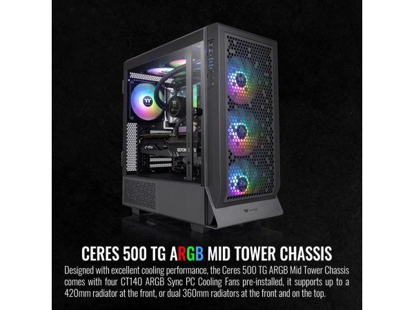 Thermaltake Ceres 500 Black Mid Tower E-ATX Computer Case with Tempered Glass Side Panel; 4 Preinstalled 140mm PWM ARGB Fans; Rotational PCIe Slots & GPU Holder; CA-1X5-00M1WN-00 - Image 2