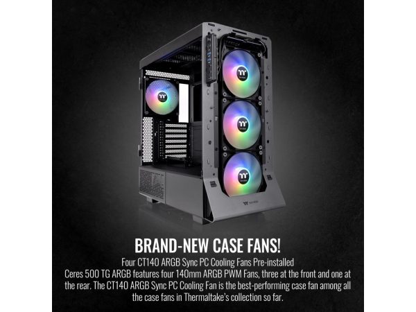 Thermaltake Ceres 500 Black Mid Tower E-ATX Computer Case with Tempered Glass Side Panel; 4 Preinstalled 140mm PWM ARGB Fans; Rotational PCIe Slots & GPU Holder; CA-1X5-00M1WN-00 - Image 4