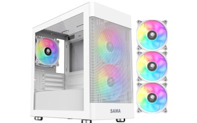 Sama ARGB-Q5-W White USB3.0 Tempered Glass Micro ATX Tower Gaming Computer Case w/  3 x 120mm ARGB Fans (Pre-Installed)