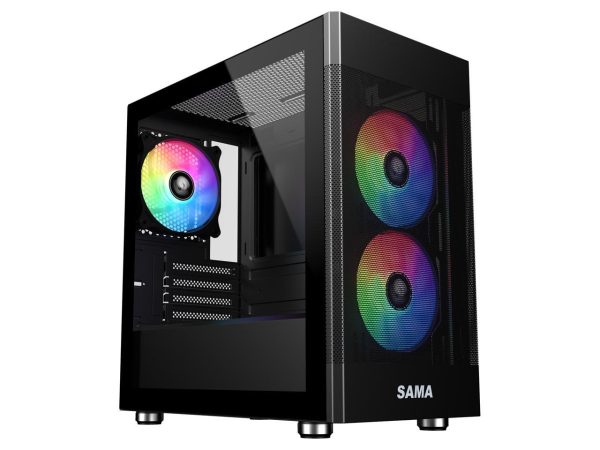 Sama ARGB-Q5-BK Black USB3.0 Tempered Glass Micro ATX Tower Gaming Computer Case w/  3 x 120mm ARGB Fans (Pre-Installed) - Image 2