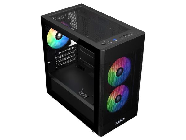 Sama ARGB-Q5-BK Black USB3.0 Tempered Glass Micro ATX Tower Gaming Computer Case w/  3 x 120mm ARGB Fans (Pre-Installed) - Image 5