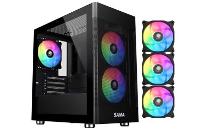 Sama ARGB-Q5-BK Black USB3.0 Tempered Glass Micro ATX Tower Gaming Computer Case w/  3 x 120mm ARGB Fans (Pre-Installed)