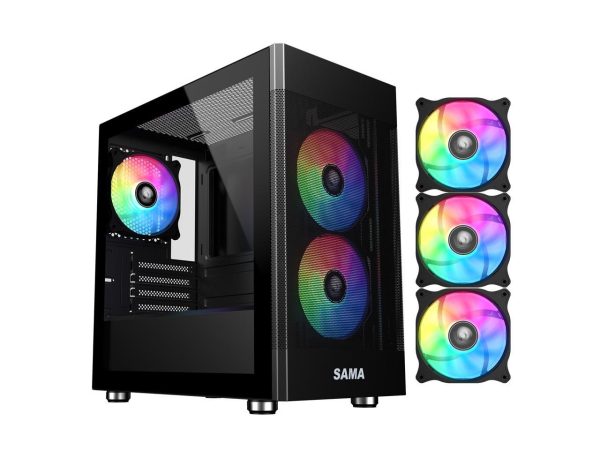 Sama ARGB-Q5-BK Black USB3.0 Tempered Glass Micro ATX Tower Gaming Computer Case w/  3 x 120mm ARGB Fans (Pre-Installed)