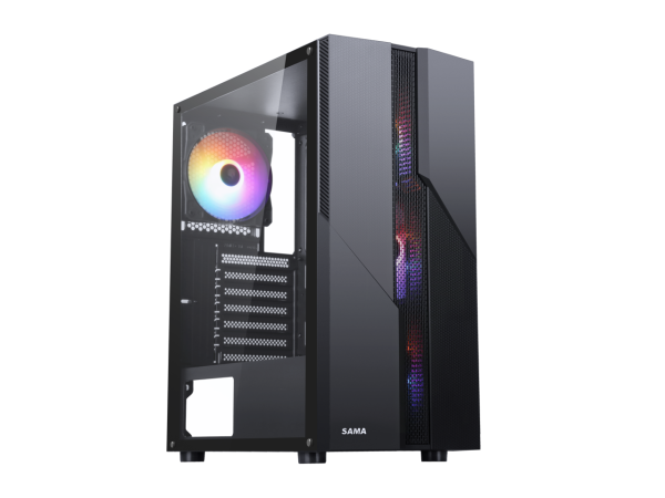 SAMA Sama-M2-TG Black USB3.0 Steel/ Tempered Glass ATX Mid Tower Gaming Computer Case w/Tempered Glass Panel and 4 x 120mm Autoflow Rainbow LED Fans (Pre-Installed) - Image 2