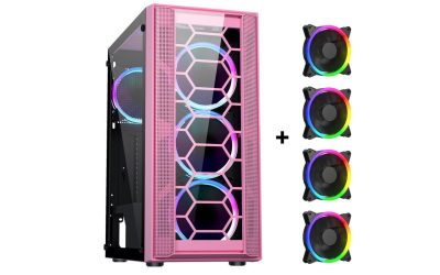 DIYPC Rainbow-Flash-F4-P Pink USB 3.0 Steel / Tempered Glass ATX Mid Tower Computer Case, 4 x 120mm Autoflow Rainbow LED Fans (Pre-Installed)