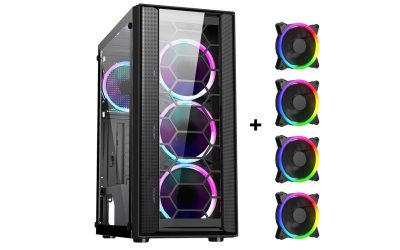 DIYPC Rainbow-Flash-F4-B Black Steel / Tempered Glass ATX Mid Tower Computer Case, 4 x 120mm Autoflow Rainbow LED Fans (Pre-Installed)