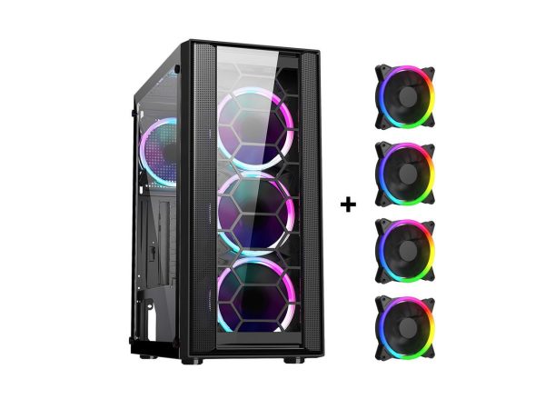 DIYPC Rainbow-Flash-F4-B Black Steel / Tempered Glass ATX Mid Tower Computer Case, 4 x 120mm Autoflow Rainbow LED Fans (Pre-Installed)