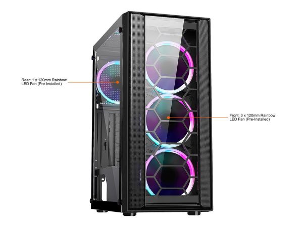 DIYPC Rainbow-Flash-F4-B Black Steel / Tempered Glass ATX Mid Tower Computer Case, 4 x 120mm Autoflow Rainbow LED Fans (Pre-Installed) - Image 2