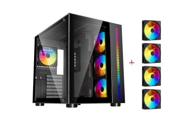 DIYPC ARGB-Q10-BK Black USB3.0 ATX Mid Tower Gaming Computer Case w/ Dual Tempered Glass Panel and 4 x ARGB 120mm Fans (Pre-Installed)