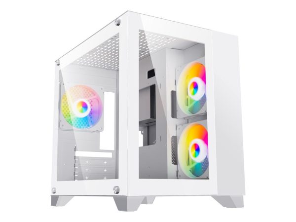 DIYPC ARGB-Q3.v2-W White USB3.0 Tempered Glass Micro ATX Gaming Computer Case w/ Dual Tempered Glass Panel and 3 x ARGB LED Fans (Pre-Installed) - Image 2