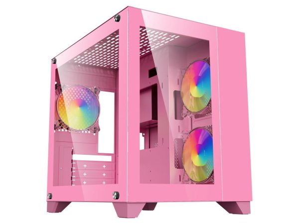 DIYPC ARGB-Q3.v2-Pink Pink USB3.0 Tempered Glass Micro ATX Gaming Computer Case w/ Dual Tempered Glass Panel and 3 x ARGB Fans (Pre-Installed) - Image 2