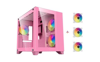 DIYPC ARGB-Q3.v2-Pink Pink USB3.0 Tempered Glass Micro ATX Gaming Computer Case w/ Dual Tempered Glass Panel and 3 x ARGB Fans (Pre-Installed)