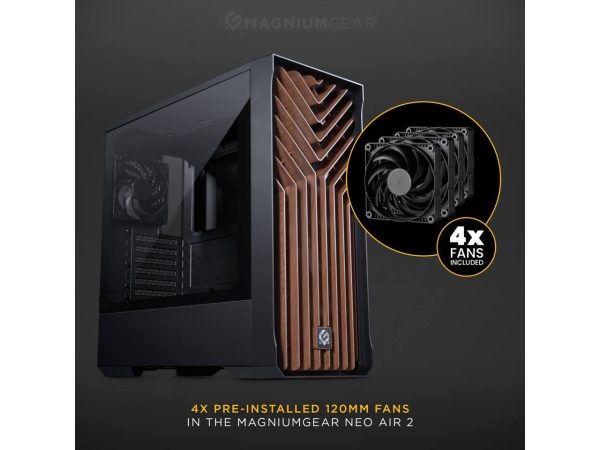 MagniumGear Neo Air 2 ATX Mid-tower, High Airflow wood texture front panel design, 4x 120 Black fans, Tempered Glass, Black - Image 2