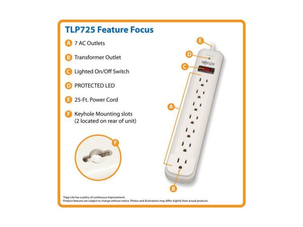 Tripp Lite TLP725 7 Outlets 1080 Joules 25' Cord Protect It! Surge Suppressor - Image 3