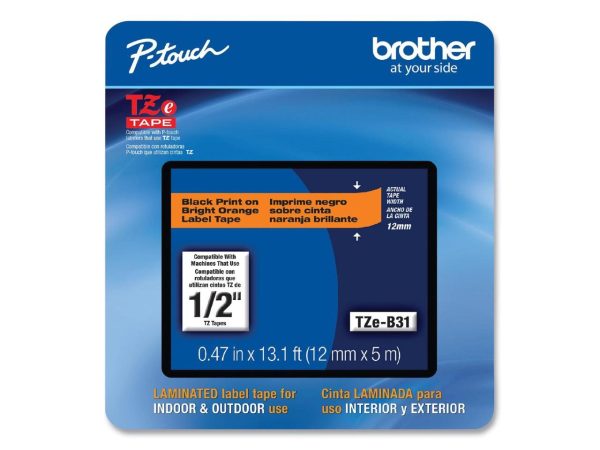 Brother P-touch TZe-B31CS Laminated Label Maker Tape 1/2" x 13-1/10' Black on Fluorescent Orange (TZe-B31CS) TZEB31CS