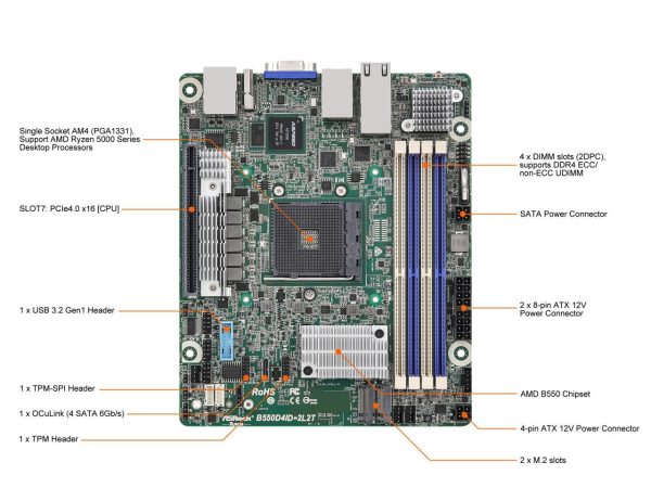 AsRock Rack B550D4ID-2L2T Deep mini-ITX Server Motherboard AMD Ryzen 5000 Series AM4 (PGA 1331) B550 Dual 1GbE+10GbE - Image 2