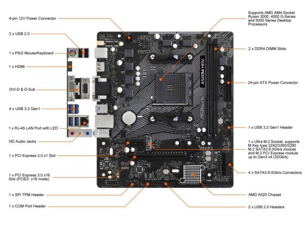 ASRock A520M-HDV AM4 AMD A520 SATA 6Gb/s Micro ATX AMD Motherboard - Image 2