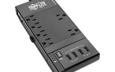 Tripp Lite Protect It! 6-Outlet Surge Protector, 4 USB Ports, 6.0 Feet Cord, 1080 Joules, Diagnostic LED, Black Housing (TLP66USBR)