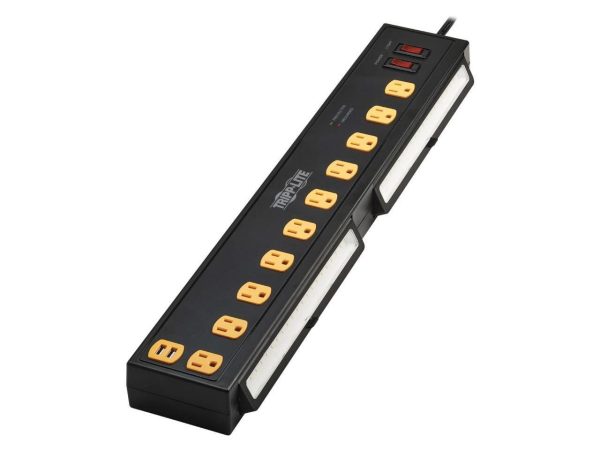 Tripp Lite Protect It! 10-Outlet Surge Protector with Swivel Light Bars - 5-15R Outlets, 2 USB Ports, 6 ft. (1.8 m) Cord, 1350 Joules, Black - TLP1006USB