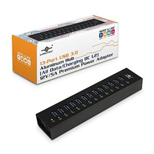 vantec 13-port usb 3.0 hub, aluminum, full powered, mountable, with all ports data & charging up to 1.5a, bc 1.2, premium 12v/5a power adapter (ugt-ah131u3-bk)
