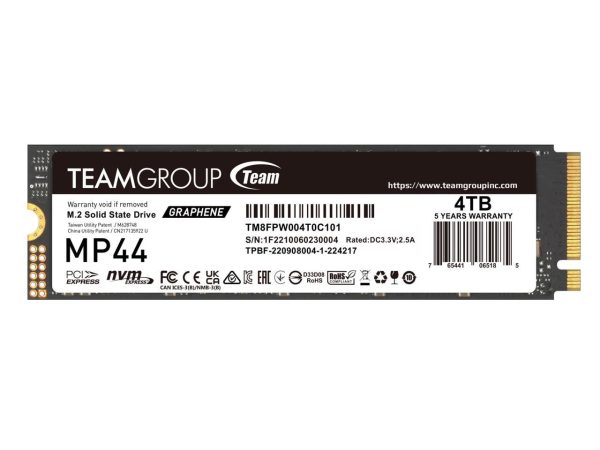 Team Group MP44 M.2 2280 4TB PCIe 4.0 x4 with NVMe Laptop & Desktop & NUC & NAS Internal Solid State Drive (SSD), (R/W Speed up to 7,400/6,900MB/s) TM8FPW004T0C101