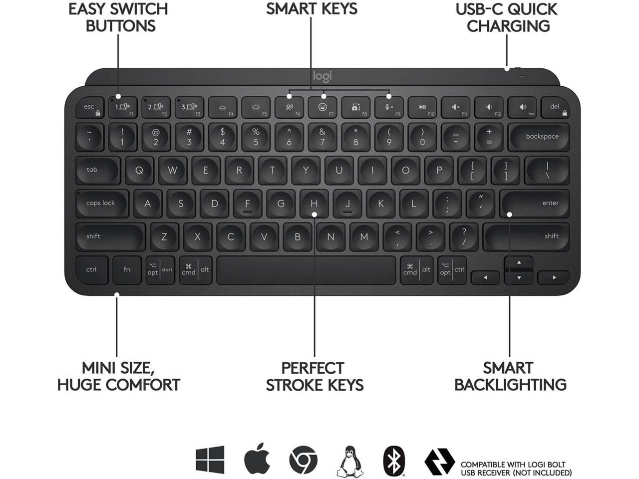 Logitech MX Keys Mini Minimalist Wireless Illuminated Keyboard, Compact, Bluetooth, Backlit, USB-C, Compatible with Apple macOS, iOS, Windows, Linux, Android, Metal Build - BLACK - Image 5