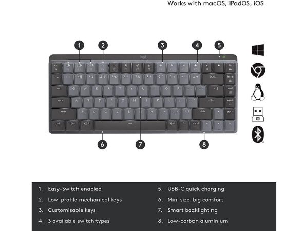 Logitech MX Mechanical Mini Wireless Illuminated Keyboard, Clicky Switches, Backlit, Bluetooth, USB-C, macOS, Windows, Linux, iOS, Android, Graphite - Image 2