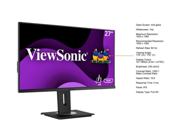 ViewSonic 27" 60 Hz IPS FHD IPS Monitor 5 ms 1920 x 1080 D-Sub, HDMI, DisplayPort, USB VG2748a - Image 4